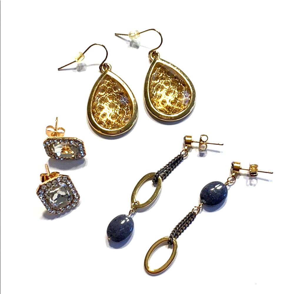 Boho Jewelry Lot of 3 pairs pierced earrings gold tone studs & dangle teardrops